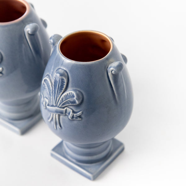 PAIR OF BLUE AND PINK VINTAGE FLEUR DE LIS VASES BY RED WING POTTERY