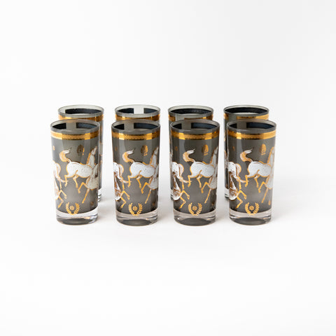 WHITE HORSES, SET OF EIGHT CULVER HIGH BALL GLASSES, SMOKEY FINISH WITH 22K GOLD ACCENTS