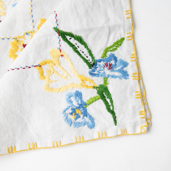 FRENCH LINEN EMBROIDERED FLORAL COCKTAIL NAPKIN WITH GOLD BANDING