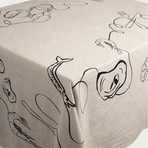 NATURAL LINEN LINE DRAWING TABLECLOTH