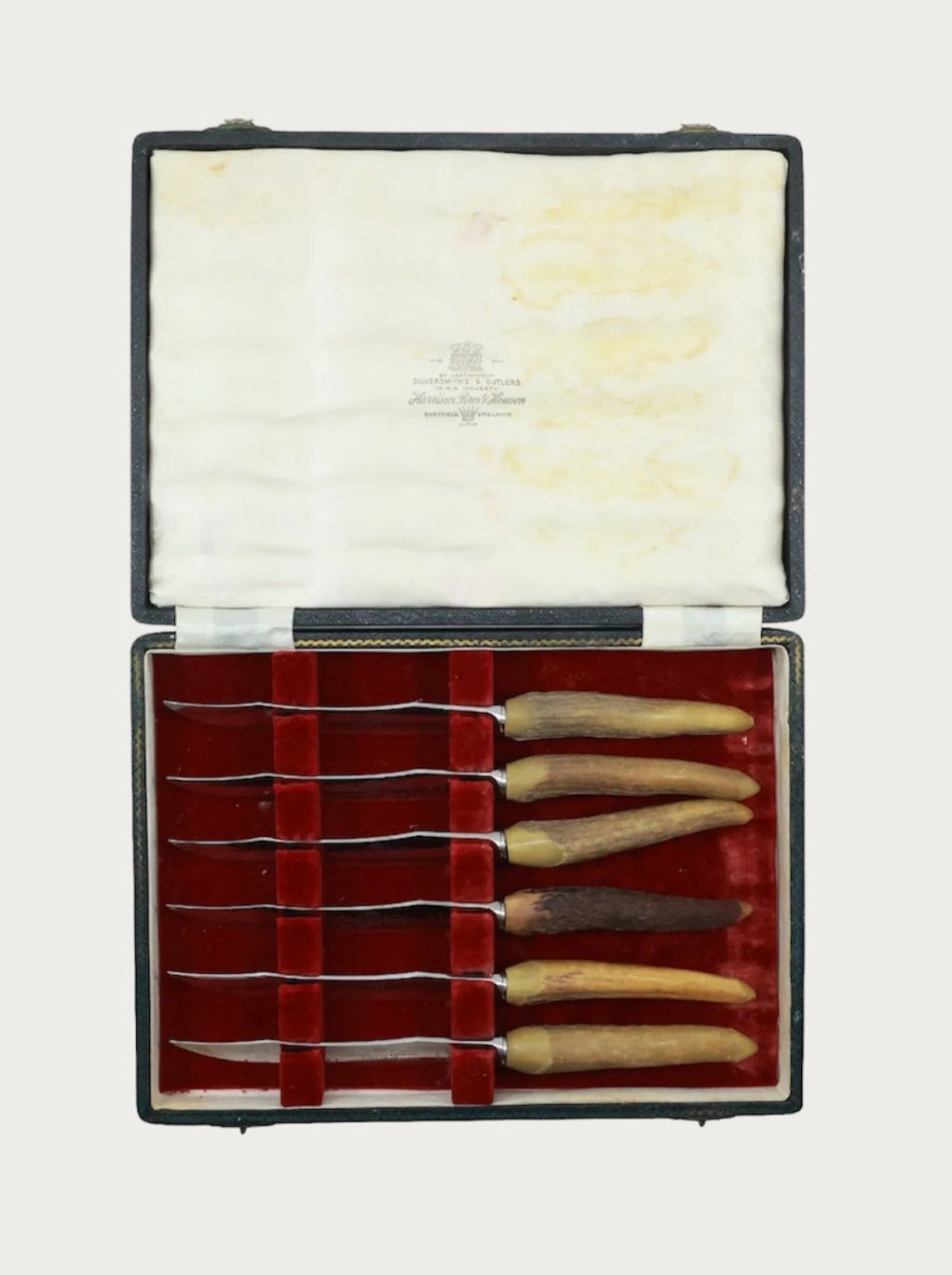 SET OF SIX ANTLER HANDLED SHEFFIELD STEAK KNIVES IN CASE