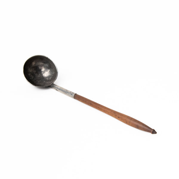 VINTAGE FORGED PEWTER SOUP LADLE WITH WOODEN HANDLE