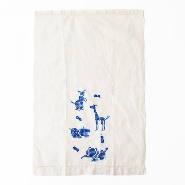 Vintage linen guest towel with cross-stitched animals