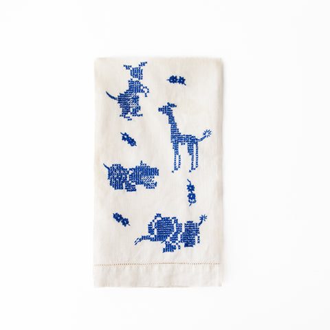 Vintage linen guest towel with cross-stitched animals
