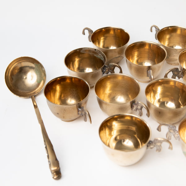VINTAGE BRASS PUNCH BOWL WITH 12 CUPS AND LADLE