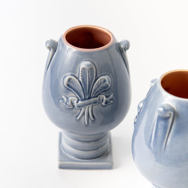 PAIR OF BLUE AND PINK VINTAGE FLEUR DE LIS VASES BY RED WING POTTERY