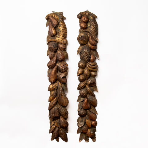 PAIR OF CARVED WOOD FRUIT RELIEF WALL HANGINGS