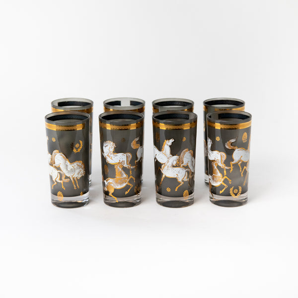 WHITE HORSES, SET OF EIGHT CULVER HIGH BALL GLASSES, SMOKEY FINISH WITH 22K GOLD ACCENTS