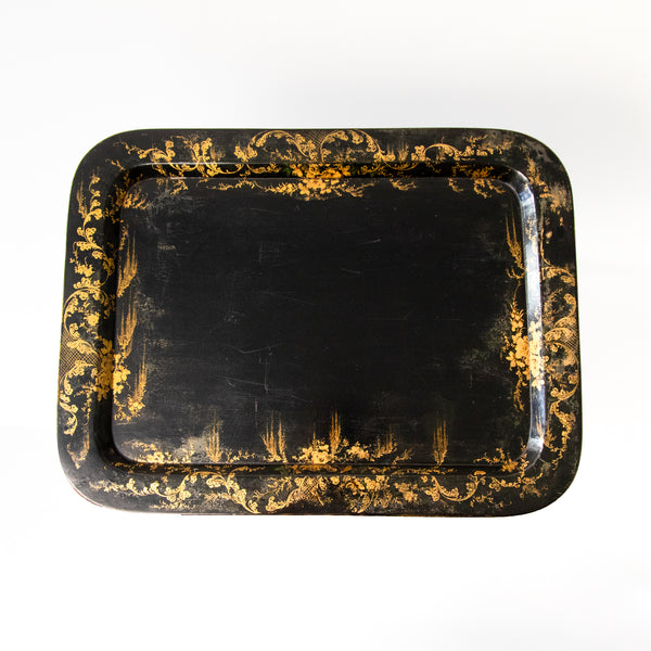 STENCILED TOLE TRAY ON FAUX BAMBOO LACQUERED STAND