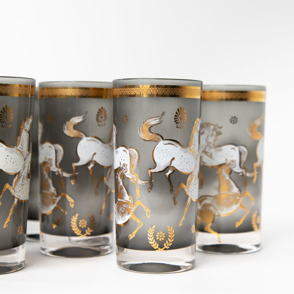 WHITE HORSES, SET OF EIGHT CULVER HIGH BALL GLASSES, SMOKEY FINISH WITH 22K GOLD ACCENTS