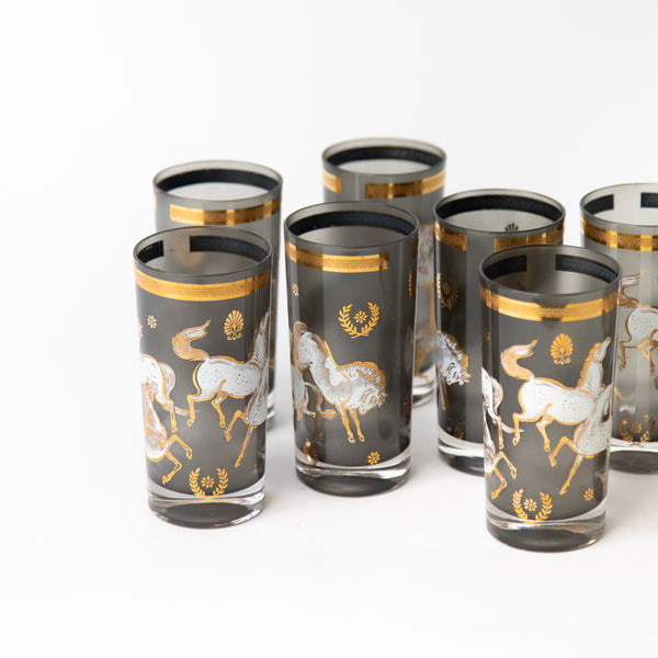 WHITE HORSES, SET OF EIGHT CULVER HIGH BALL GLASSES, SMOKEY FINISH WITH 22K GOLD ACCENTS