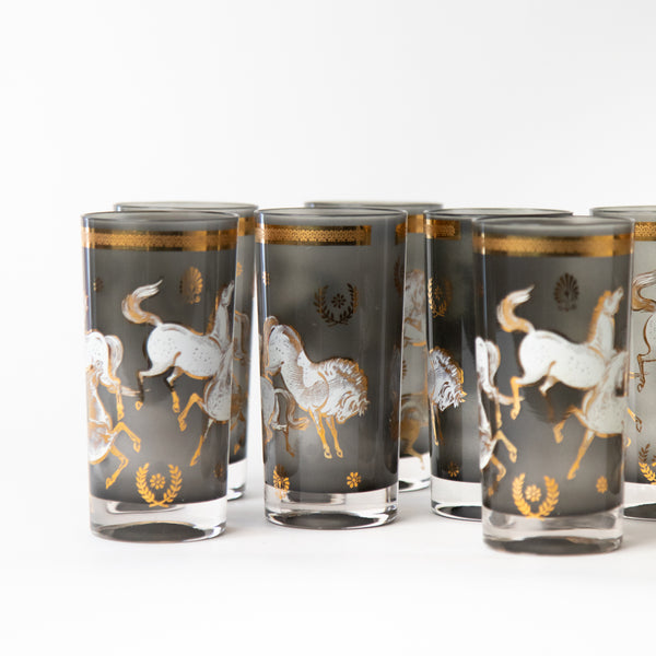 WHITE HORSES, SET OF EIGHT CULVER HIGH BALL GLASSES, SMOKEY FINISH WITH 22K GOLD ACCENTS