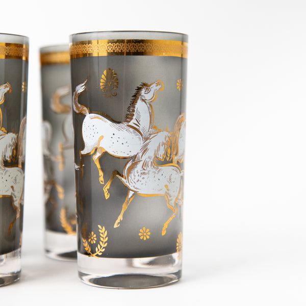 WHITE HORSES, SET OF EIGHT CULVER HIGH BALL GLASSES, SMOKEY FINISH WITH 22K GOLD ACCENTS