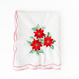 POINSETTIA TABLECLOTH WITH SCALLOPED RED EDGE AND SIX MATCHING NAPKINS