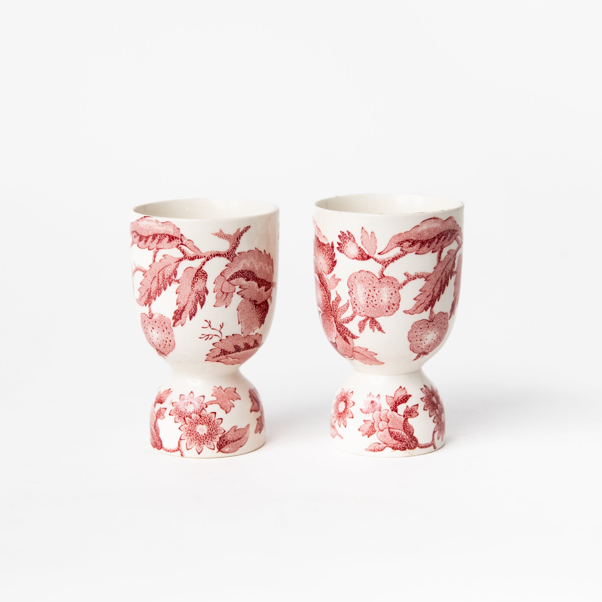 ENGLISH CHIPPENDALE RED PINK CHINA EGG CUPS, PAIR