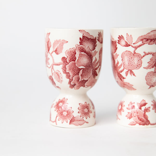ENGLISH CHIPPENDALE RED PINK CHINA EGG CUPS, PAIR