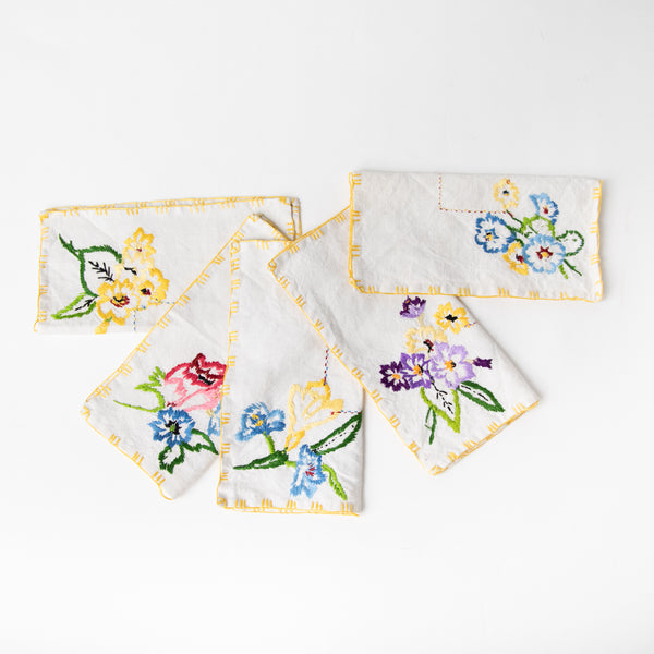 FRENCH LINEN EMBROIDERED FLORAL COCKTAIL NAPKIN WITH GOLD BANDING