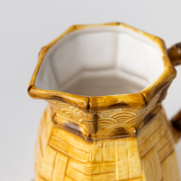 VINTAGE HAND-PAINTED BAMBOO CERAMIC PITCHER