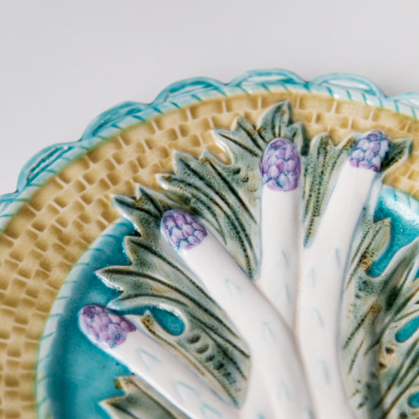 VINTAGE PORCELAIN HAND-PAINTED ASPARAGUS THEMED SERVING PLATE WITH BASKETWEAVE DETAIL