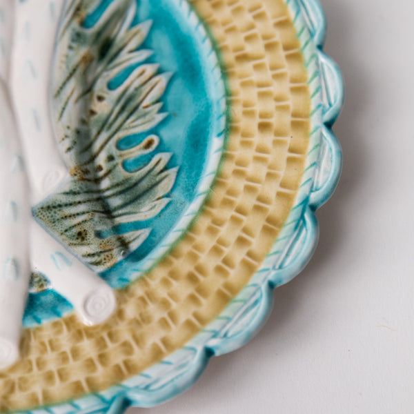 VINTAGE PORCELAIN HAND-PAINTED ASPARAGUS THEMED SERVING PLATE WITH BASKETWEAVE DETAIL