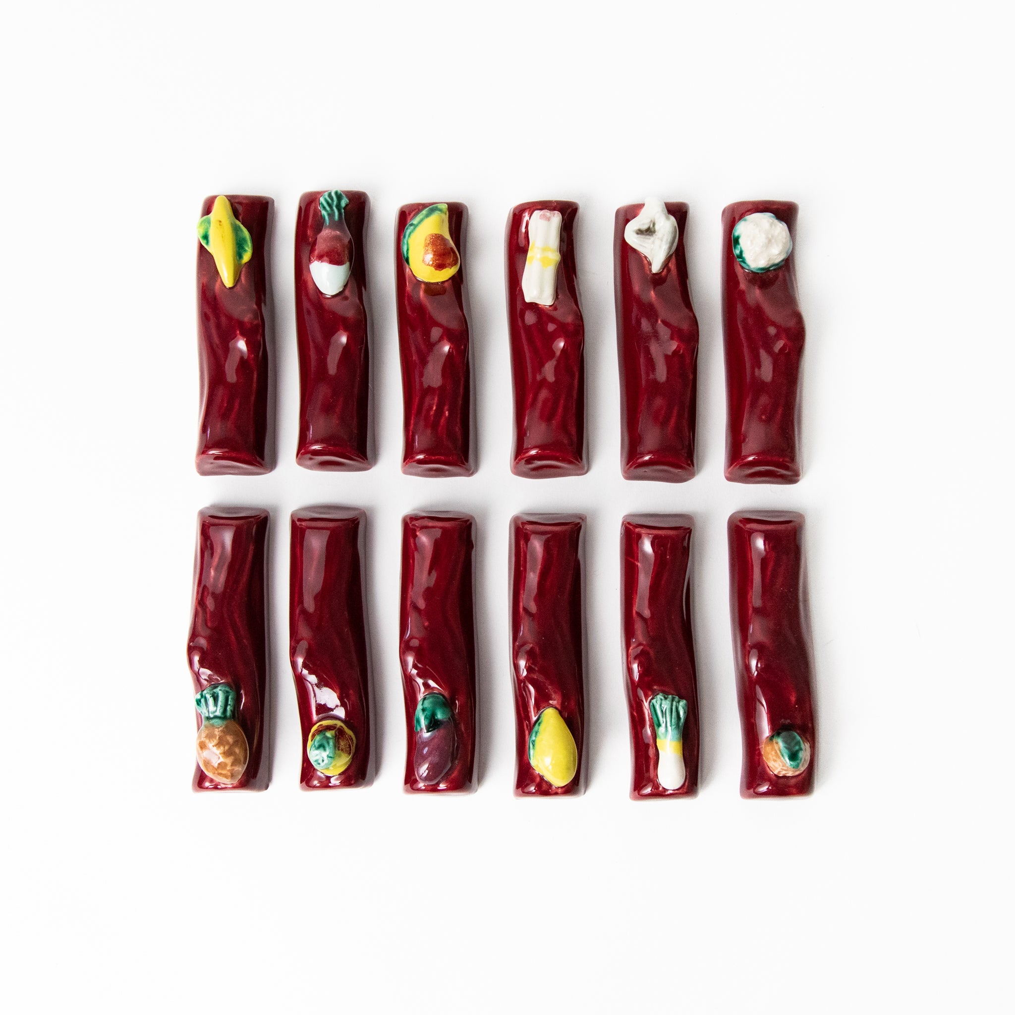 FRUITS AND VEGGIES CERAMIC KNIFE RESTS BY VALLAURIS, SET OF 12