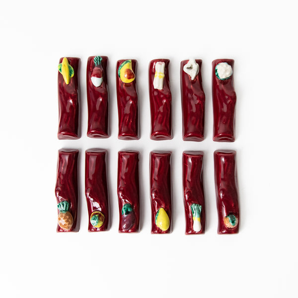 FRUITS AND VEGGIES CERAMIC KNIFE RESTS BY VALLAURIS, SET OF 12