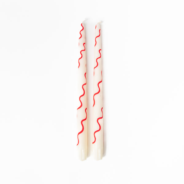 HAND PAINTED RED SQUIGGLE TAPER CANDLES