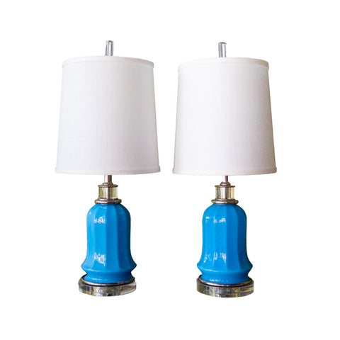 PAIR OF BLUE GLASS LAMPS