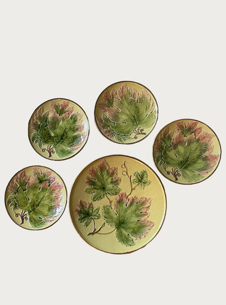 SET OF FOUR SALAD PLATES AND SERVING PLATTER, VINTAGE MAJOLICA MADE IN GERMANY