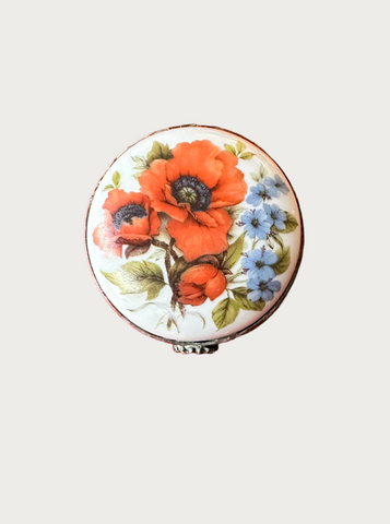 ORANGE POPPIES AND BLUE VIOLETS, LIMOGES TRINKET BOX