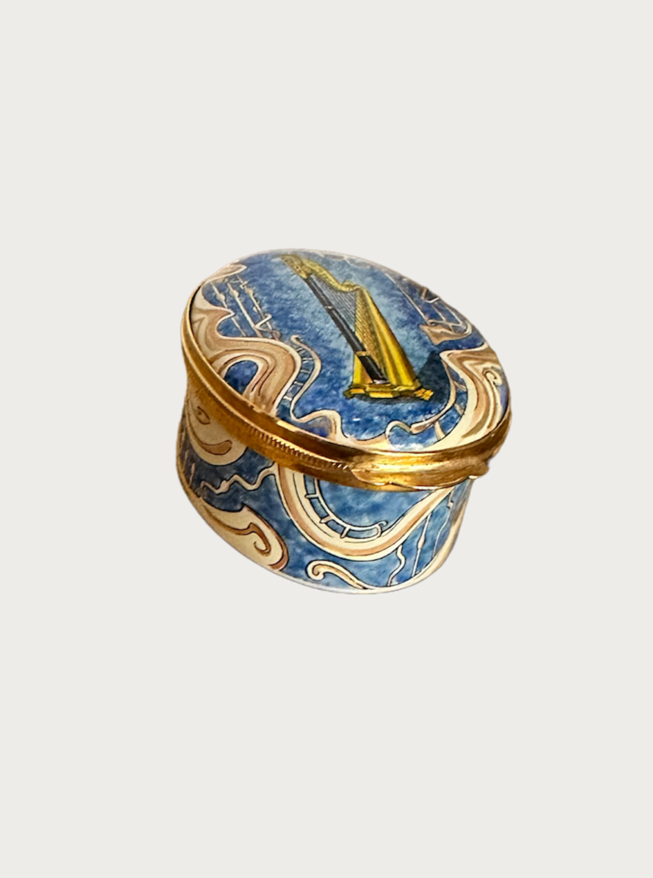BLUE PAINTED TRINKET BOX WITH HARP MOTIF, MADE IN ENGLAND