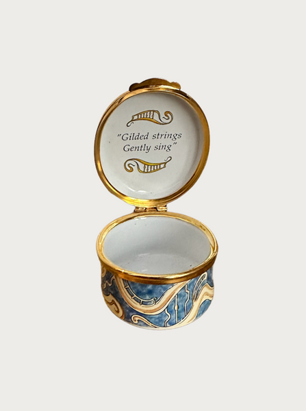 BLUE PAINTED TRINKET BOX WITH HARP MOTIF, MADE IN ENGLAND