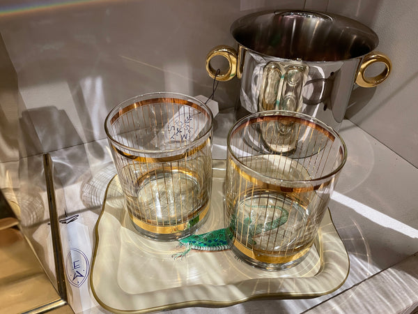 HOST/HOSTESS SET GOLD STRIPED DOUBLE OLD FASHIONED GLASSES