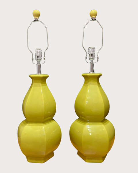 PAIR CHARTREUSE FACETED GOURD LAMPS WITH FERMOIE LAMPSHADES