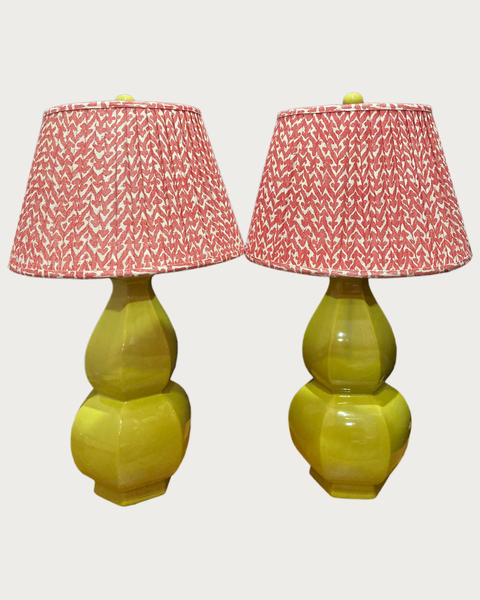 PAIR CHARTREUSE FACETED GOURD LAMPS WITH FERMOIE LAMPSHADES